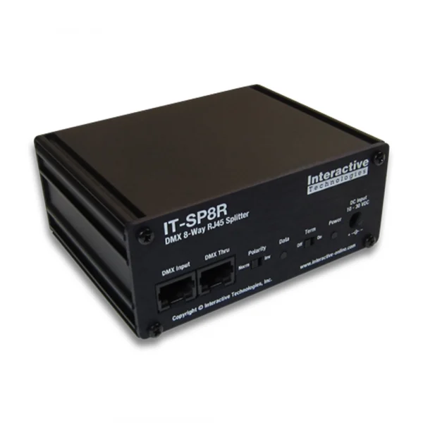 Interactive-Technologies_RJ45-Splitter_Front-Right Interactive Technologies - RJ45 Splitter front showing DMX in and through