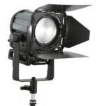 Litepanels - Sola 4+ Daylight Fresnel Front right with barndoor attached