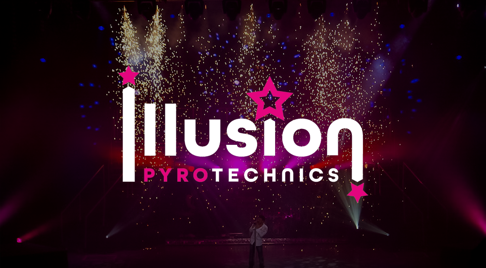 Illusion pyro technics logo over music concert a shower of brilliant gold sparks fall from above