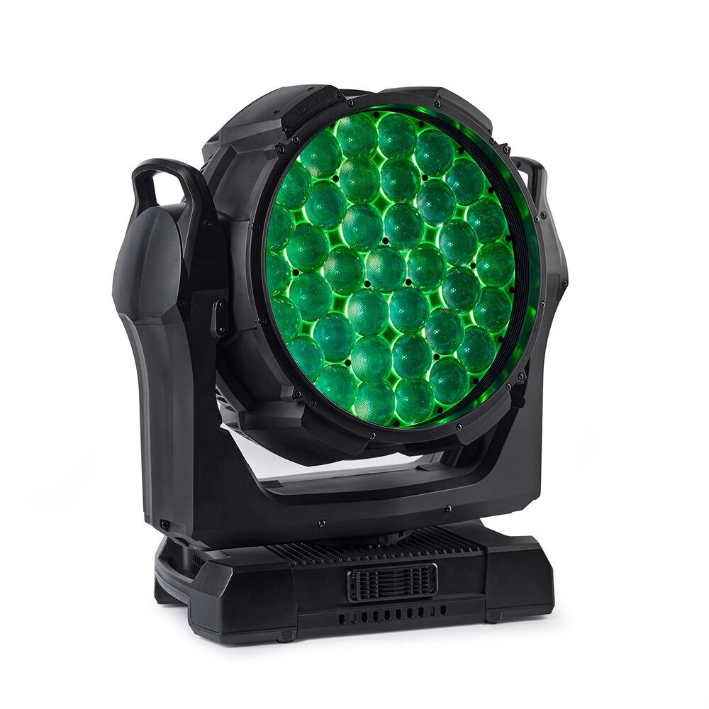 Martin MAC Aura Raven a green wash of colour on the moving wash fixture face, a large face with multiple domed lenses 