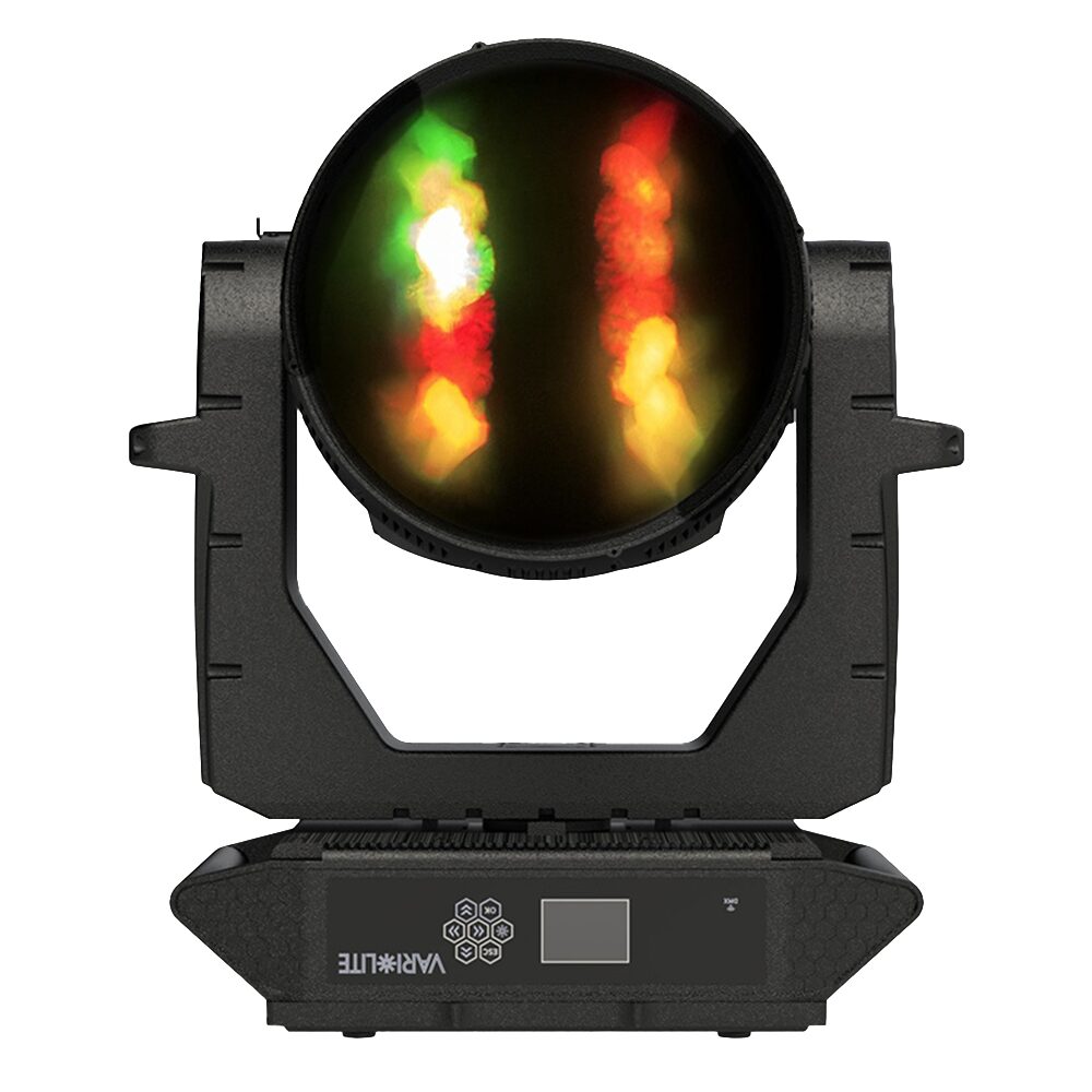 Vari-lite VLHIVE 151 a moving head fixture face forward showing a digital array of coloured light on the fixtures focal lens