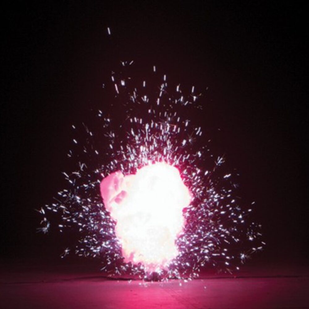 Le-Maitre-Pyroflash-Small-Coloured-Red small stage pyrotechnic theatrical effect showering red sparks out from a plume of smoke