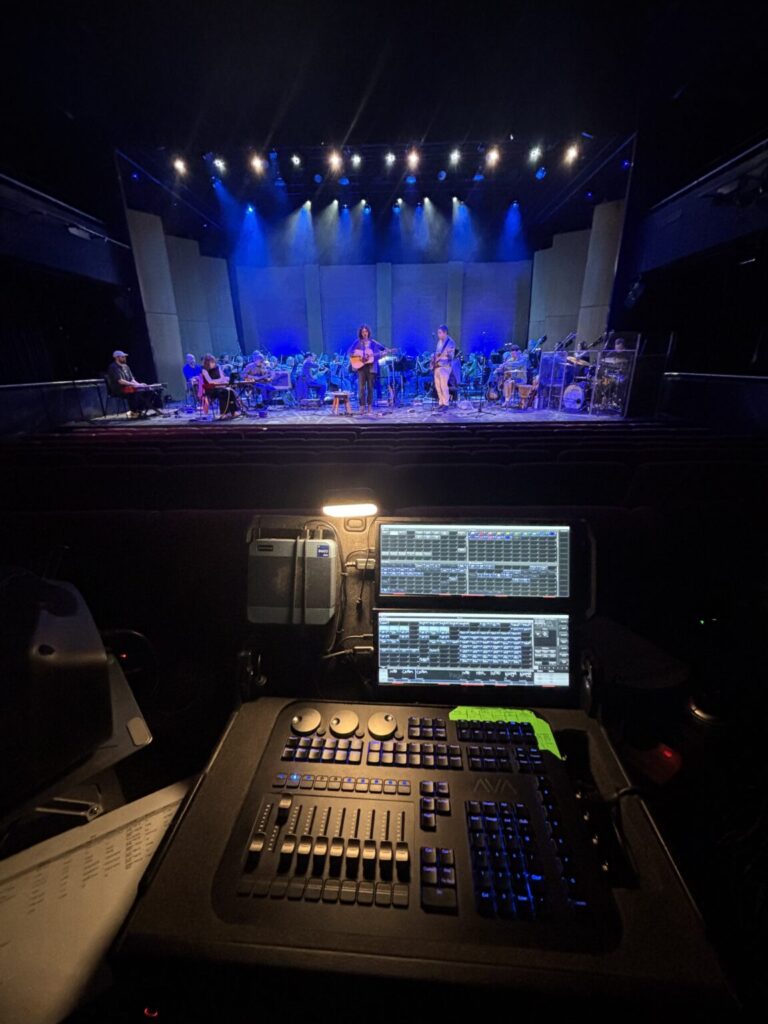 Pontio Arts, Bangor University’s Arts Centre: the stage is seen from behind an Avolites T3 lighting console while a band performs under concert lighting.