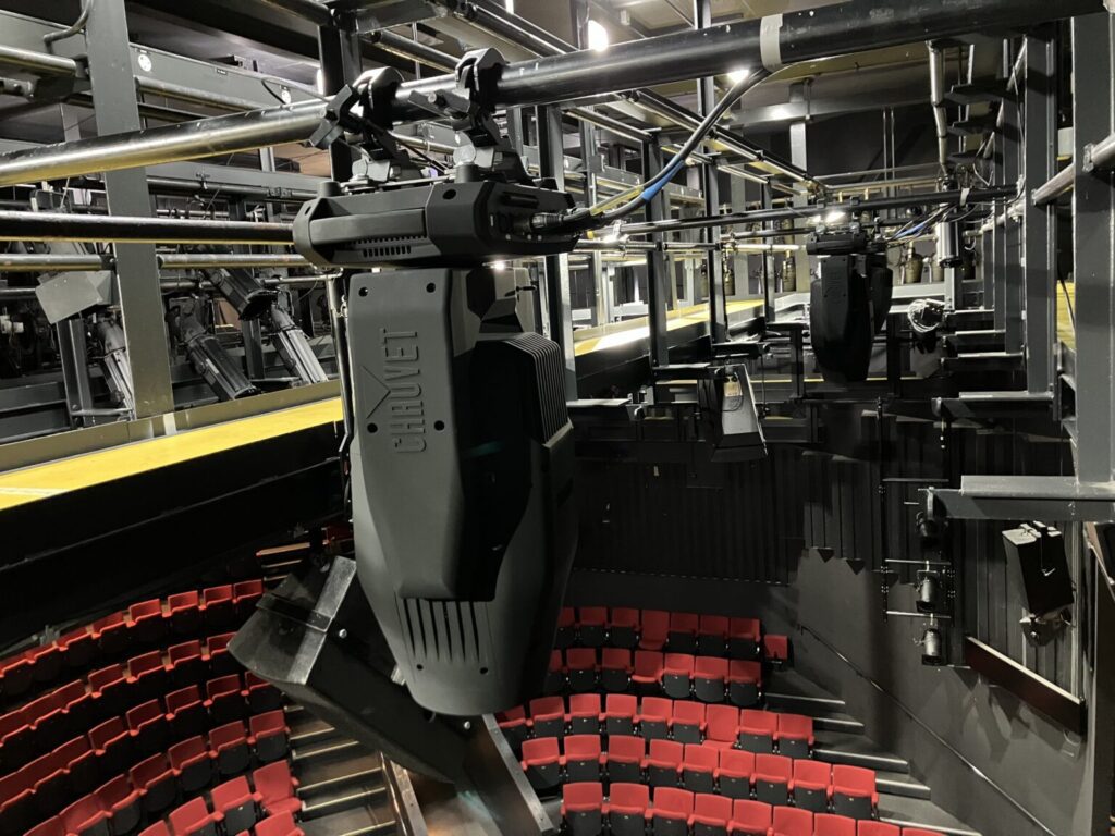 Hull Truck Theatre Chauvet Silens 1x hangs above stage, seats seen from above in background